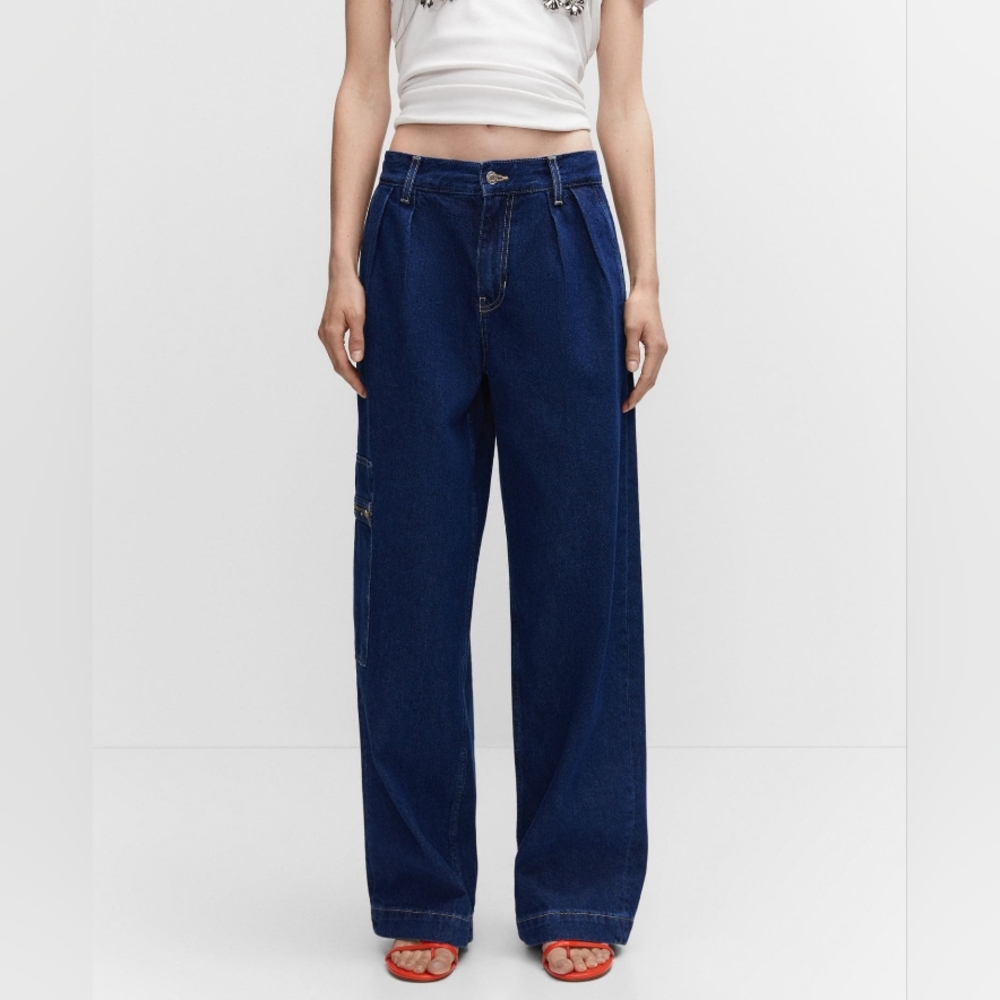 Mango Mng Women's Wide-legs Jeans With Pockets Indigo Blue Size 8 NWT